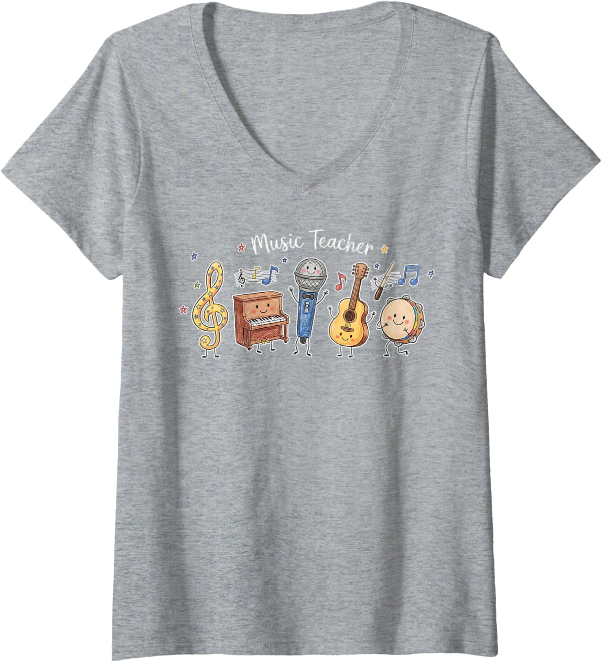 Women's Cute Music Teacher Musical Instruments Back to School Choir V-Neck T-Shirt - Heather Grey