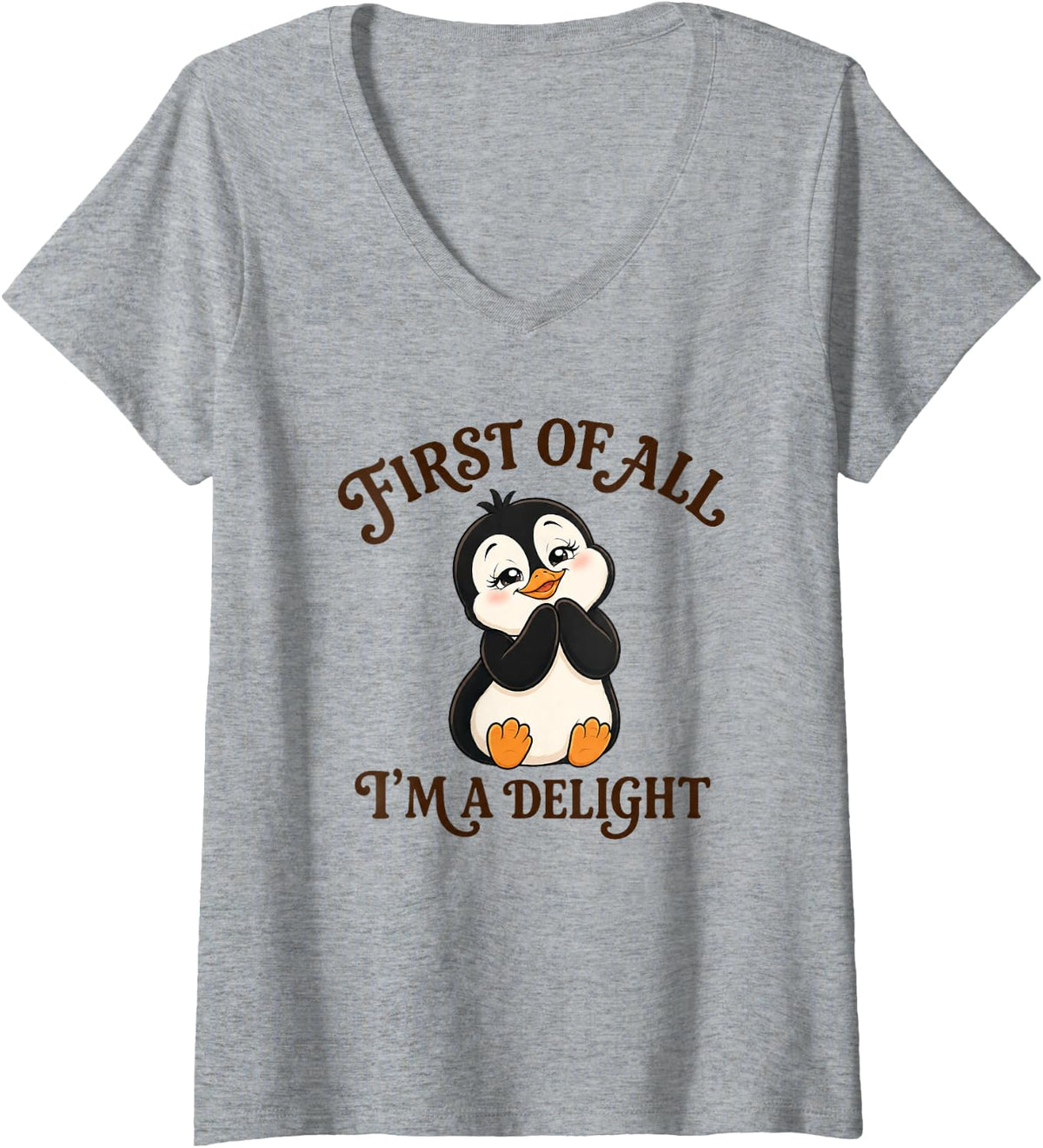 Women's Cute Cartoon Penguin Im a Delight Saying V-Neck T-Shirt - Heather Grey