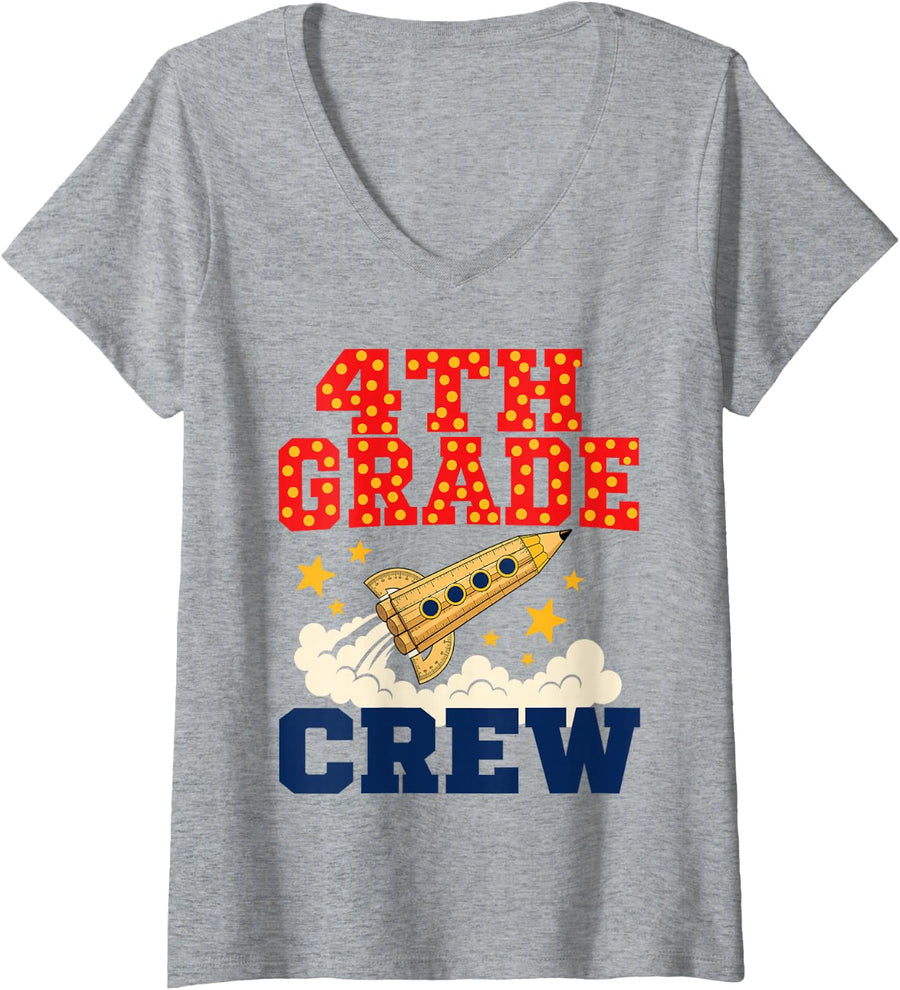 Women's 4th Grade Crew Teacher Ruler Rocket V-Neck T-Shirt - Heather Grey