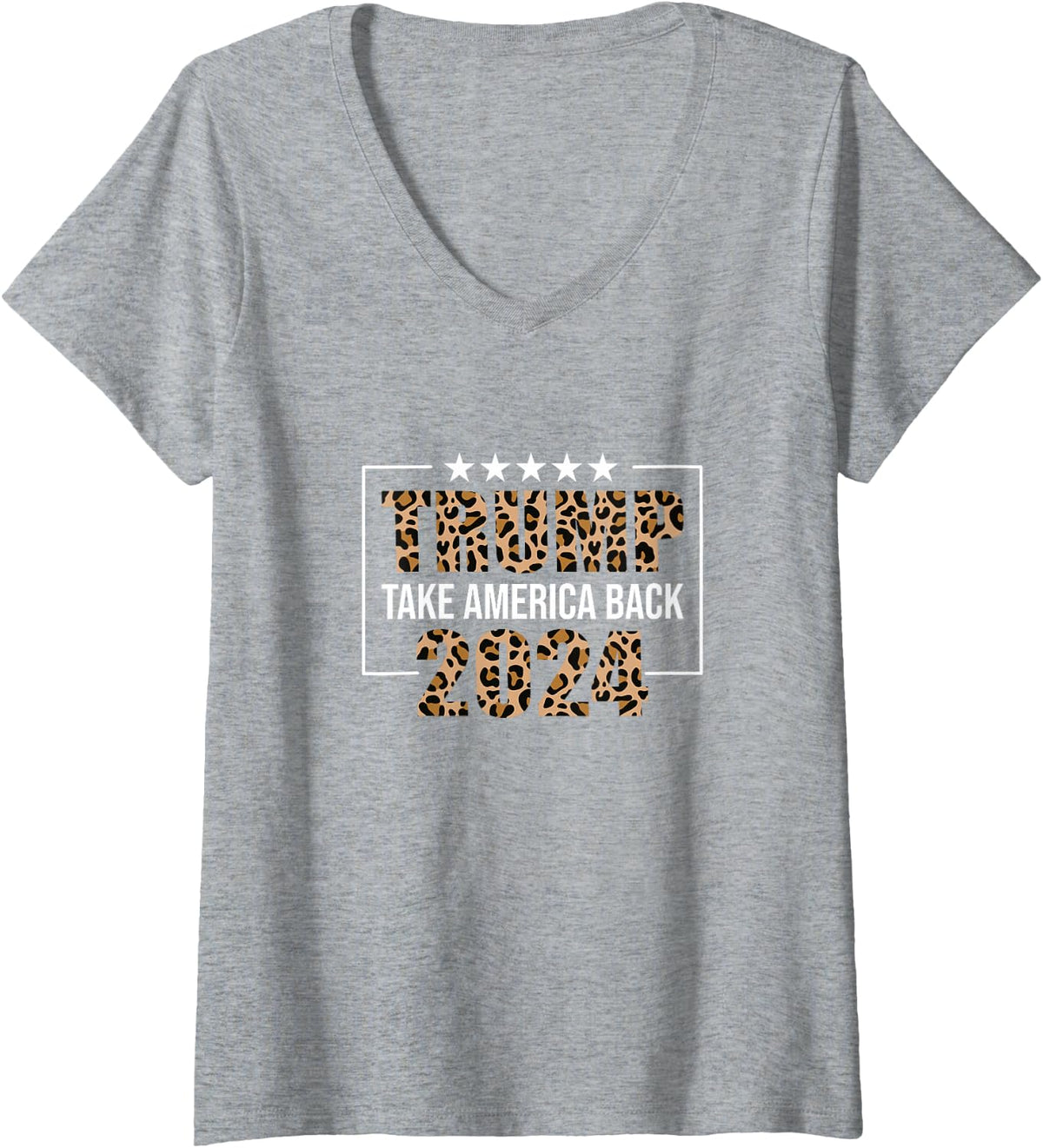 Women's Vintage Cheetah Pattern Trump 2024 Take America Back V-Neck T-Shirt - Heather Grey