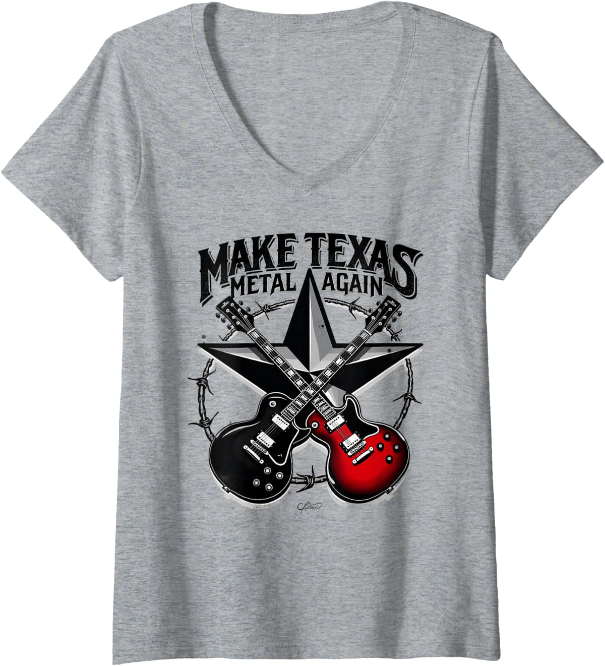 Women's Make Texas Metal Again Barbed Wire Star V-Neck T-Shirt - Heather Grey