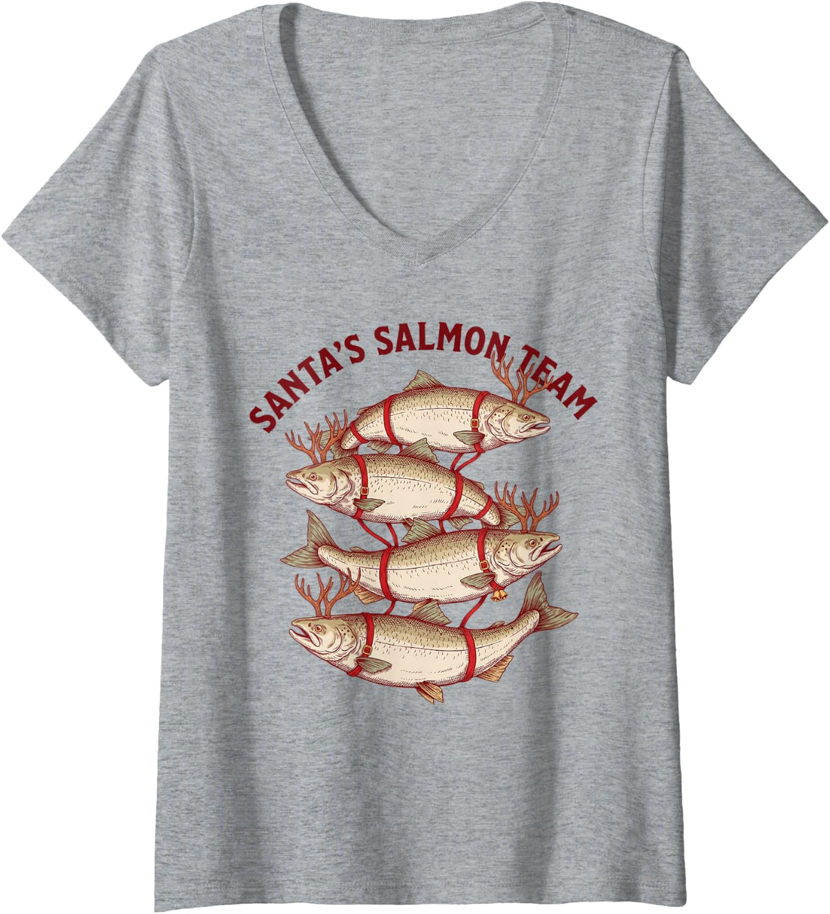 Women's Santas Salmon Team Reindeer Antlers Xmas Fisherman V-Neck T-Shirt - Heather Grey