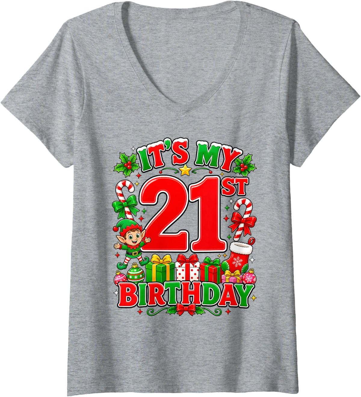 Women's It's My 21st Birthday Christmas Elf 21 Years Old Party V-Neck T-Shirt - Heather Grey