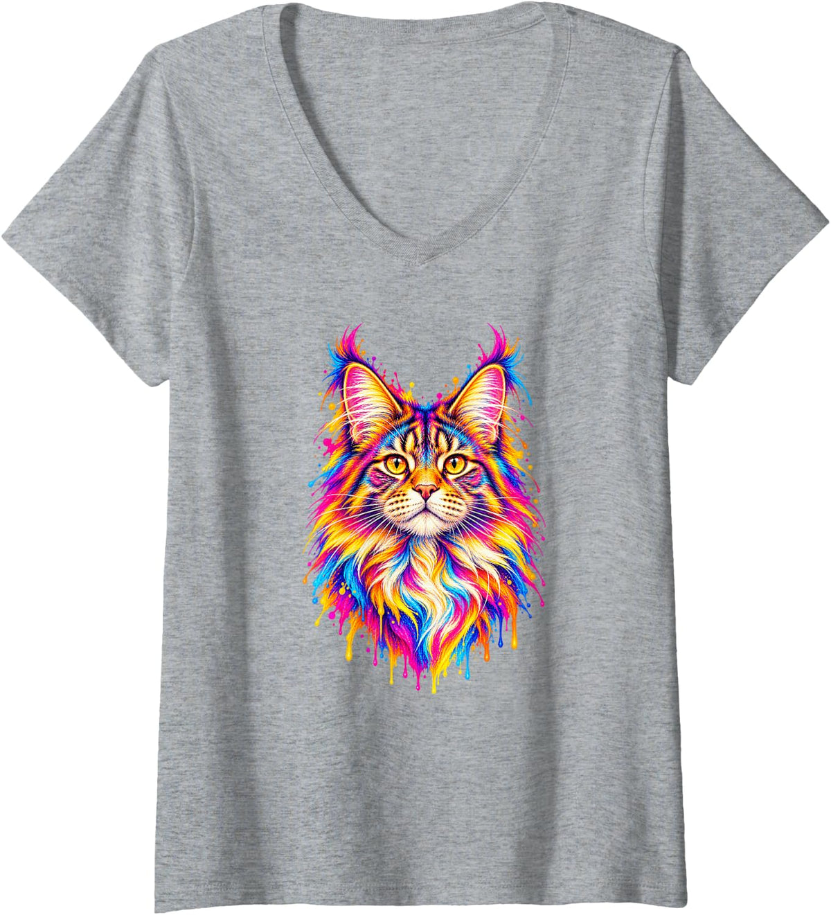 Women's Maine Coon Cat Colorful Pop Art Paint Splash V-Neck T-Shirt - Heather Grey