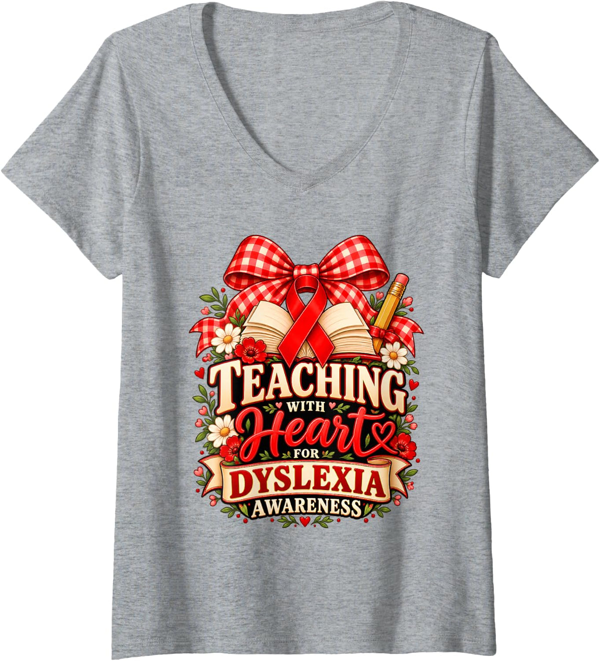 Women's Teaching with Heart for Dyslexia Awareness Teacher V-Neck T-Shirt - Heather Grey