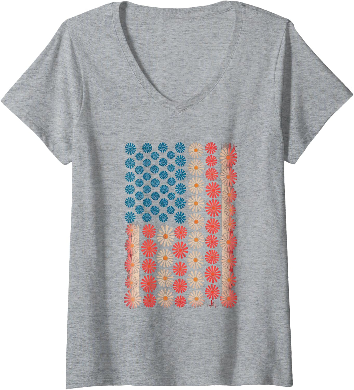 Women's American Flag Daisy Pattern Vintage 4th of July Floral Art V-Neck T-Shirt - Heather Grey