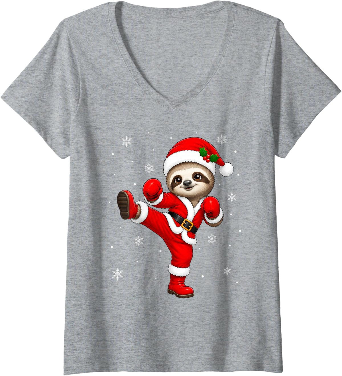 Women's Funny Sloth Martial Arts Kickboxing Santa Sloth Christmas V-Neck T-Shirt - Heather Grey