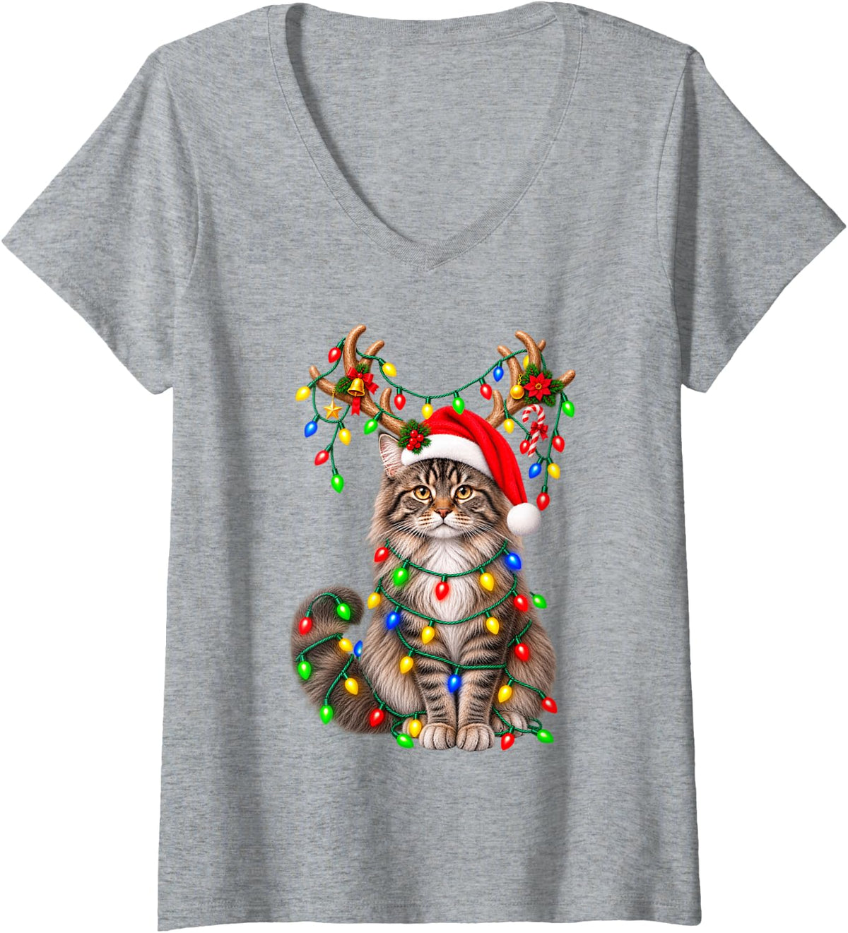 Women's Maine Coon Christmas Cat Reindeer Lights Santa Hat Xmas 2026 V-Neck T-Shirt - Heather Grey