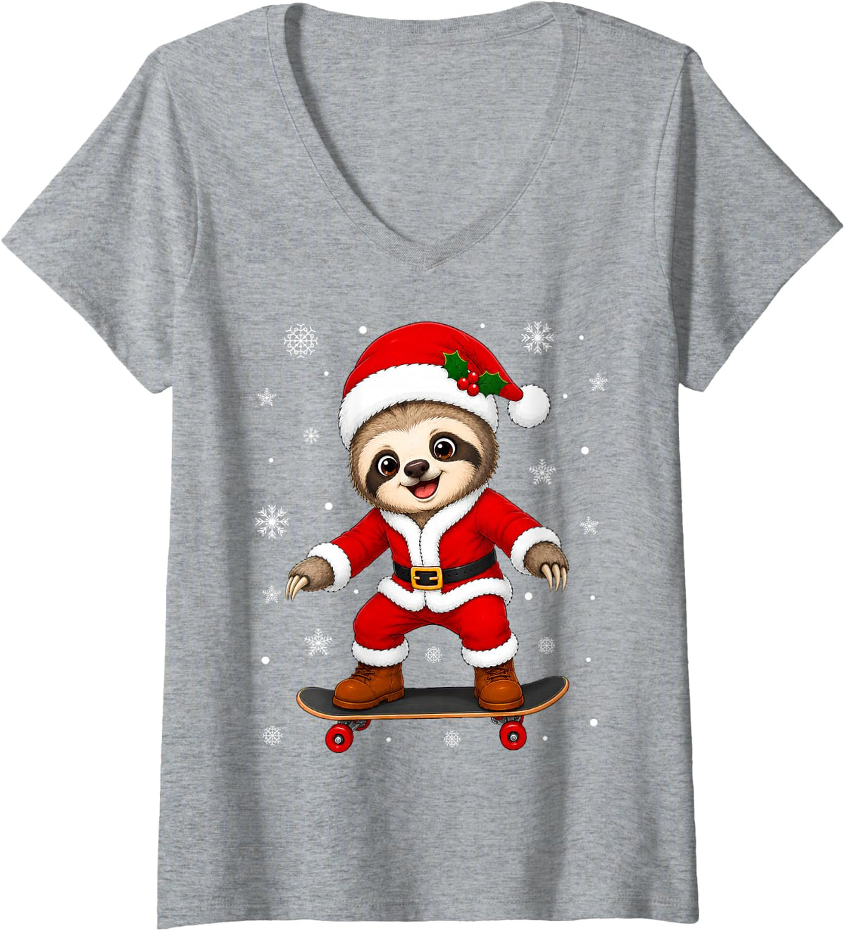Women's Cute Festive Skateboarding Sloth Christmas V-Neck T-Shirt - Heather Grey