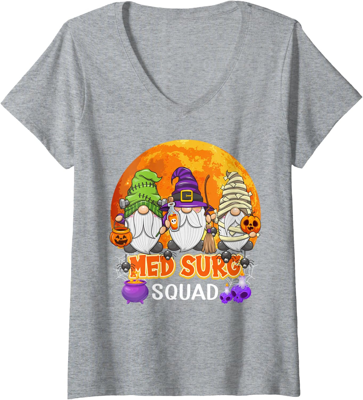 Women's Med Surg Squad Halloween Medical Surgical Gnome Matching V-Neck T-Shirt - Heather Grey