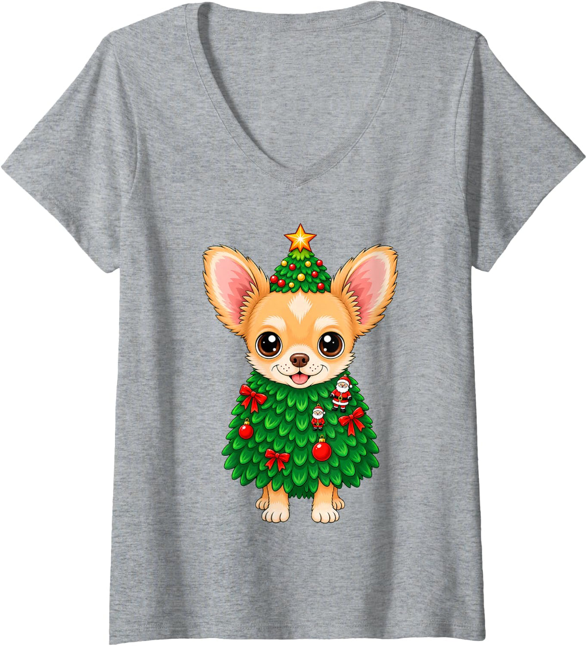 Women's Cute Christmas Chihuahua Dog with Tree Costume V-Neck T-Shirt - Heather Grey