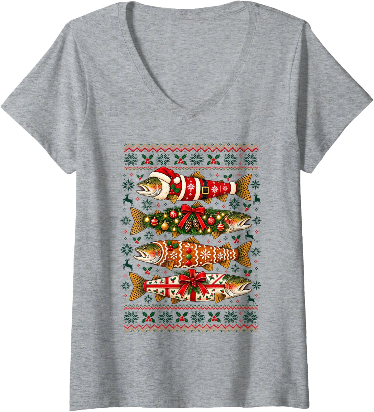 Women's Christmas Trout Fishing Santa Tree Gingerbread Ugly Sweater V-Neck T-Shirt - Heather Grey