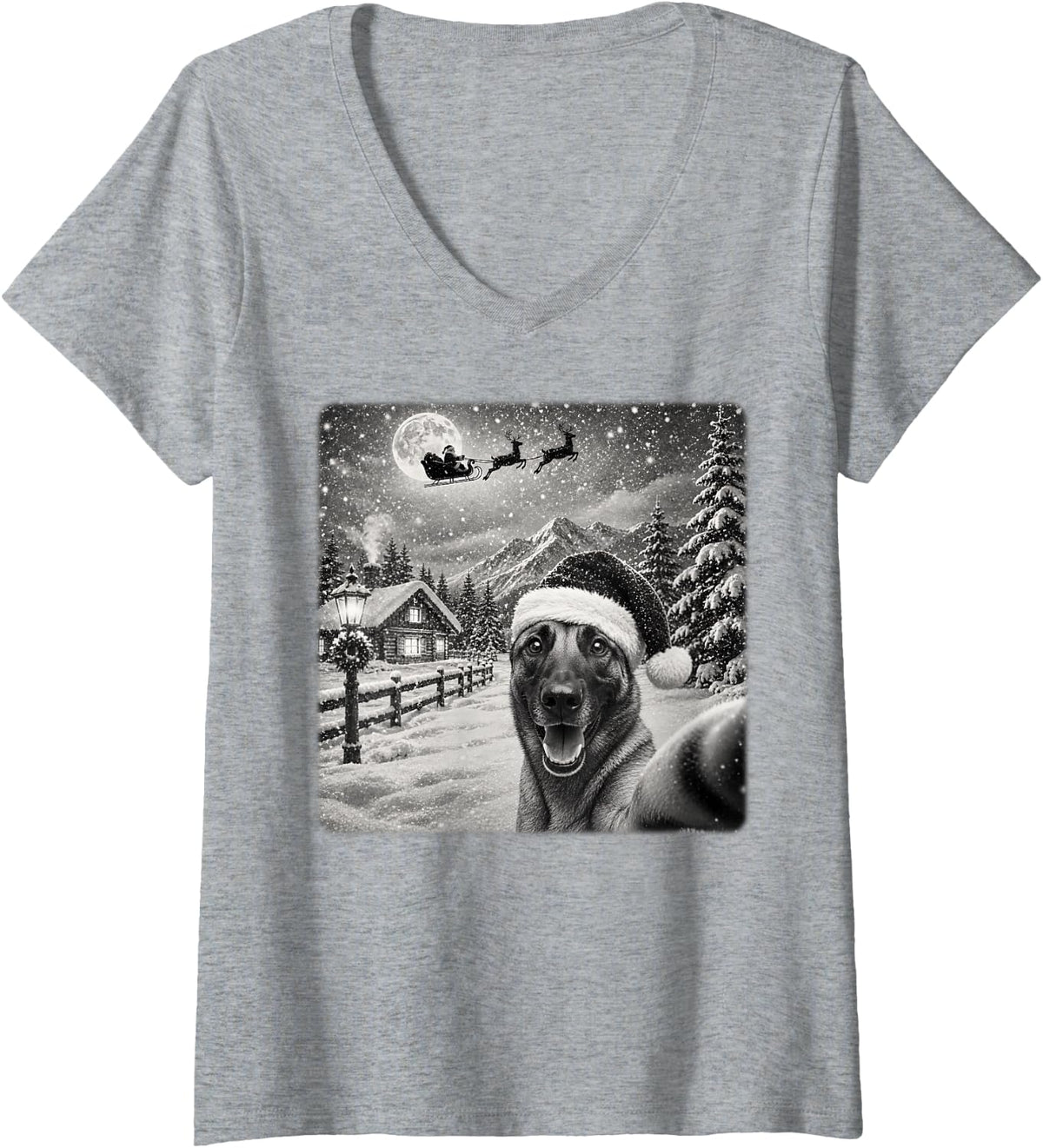 Women's Xmas Moon Night Santa Sleigh Belgian Malinois Dog Christmas V-Neck T-Shirt - Heather Grey
