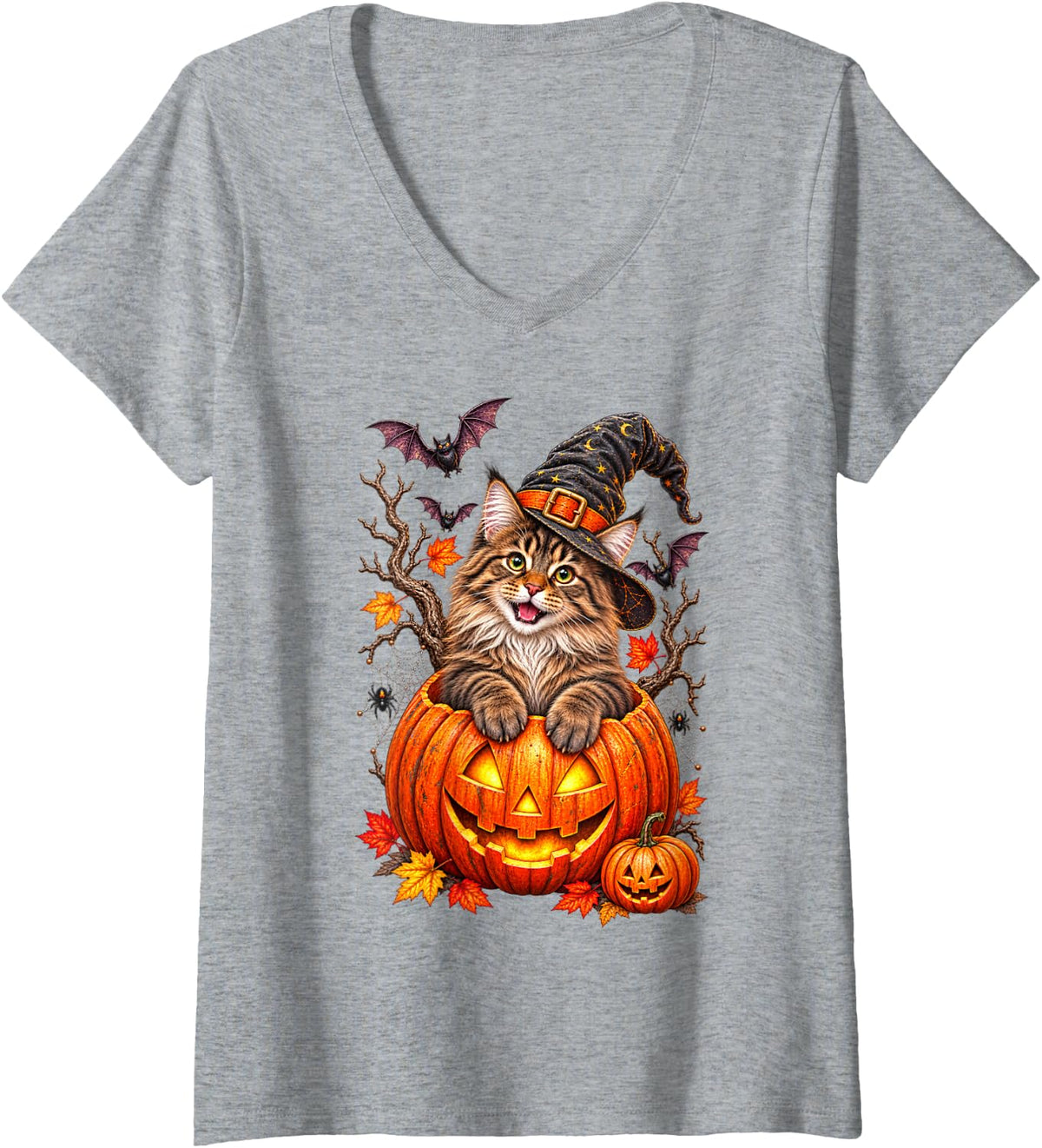 Women's Maine Coon Pumpkin Halloween Thanksgiving Men Women V-Neck T-Shirt - Heather Grey