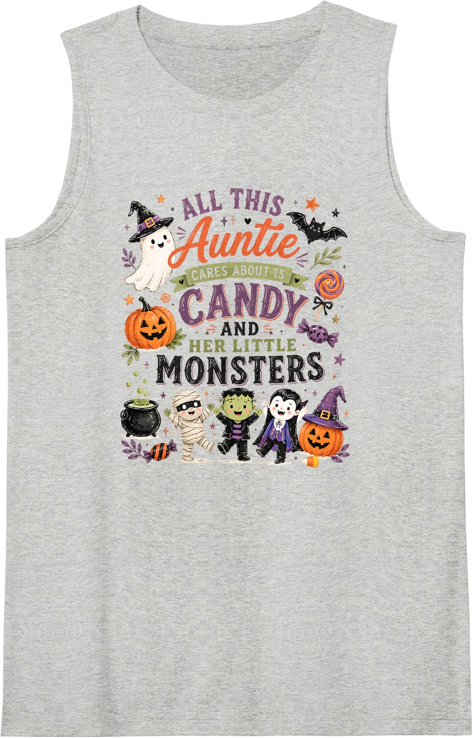 Auntie Candy Little Monsters Halloween Spooky Tank Top - Heather Grey