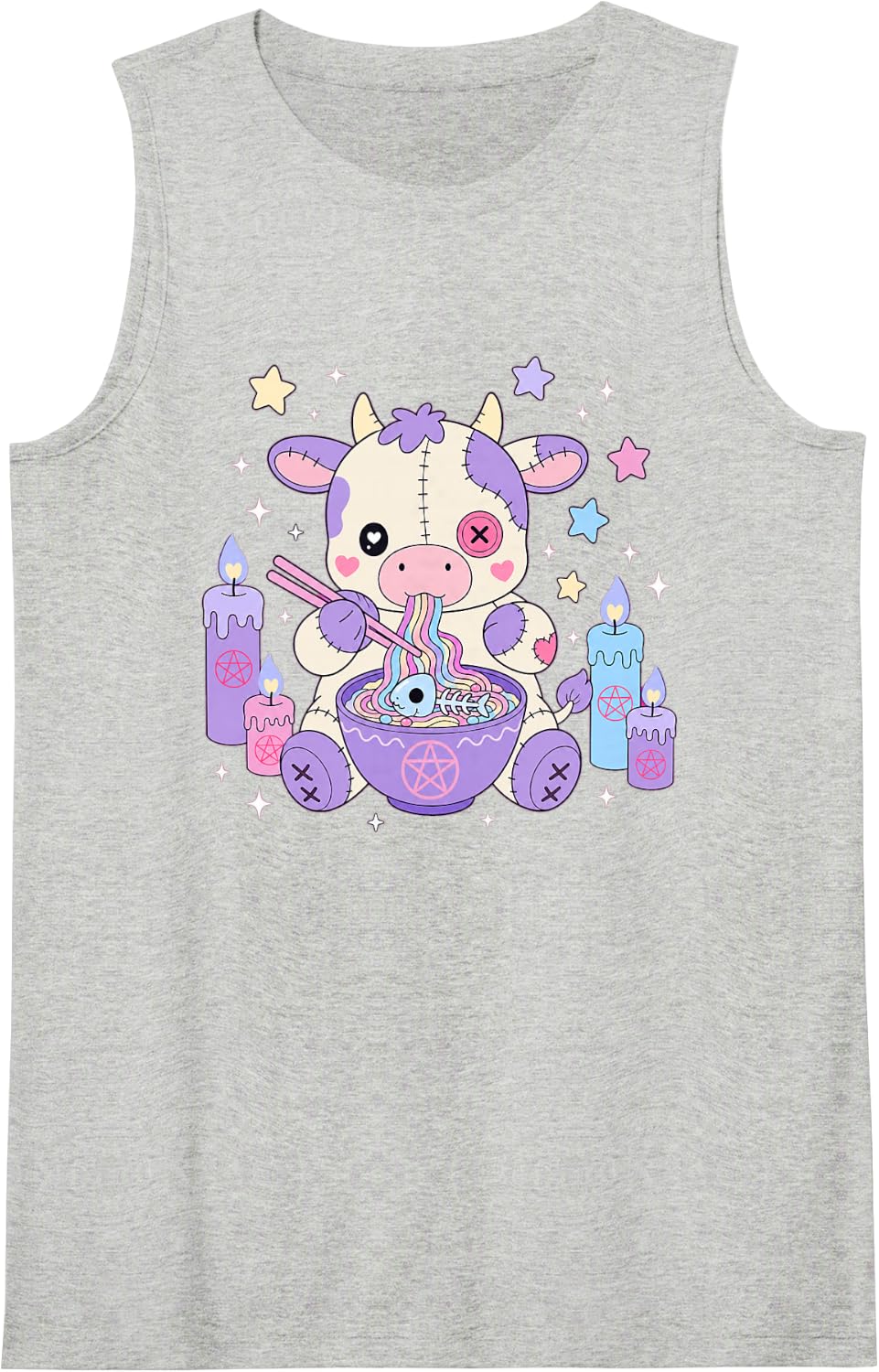 Cute Pastel Goth Cow Ramen Lover Witchcore Kawaii Spooky Sleeveless Tank Top - Heather Grey