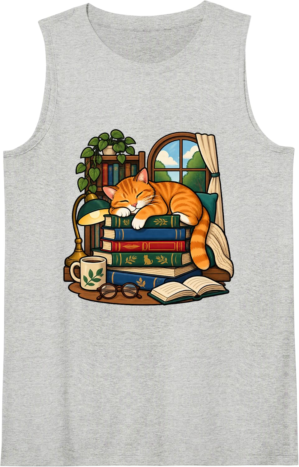 Orange Cat Sleeping on a Stack of Library Books Sleeveless Tank Top - Heather Grey