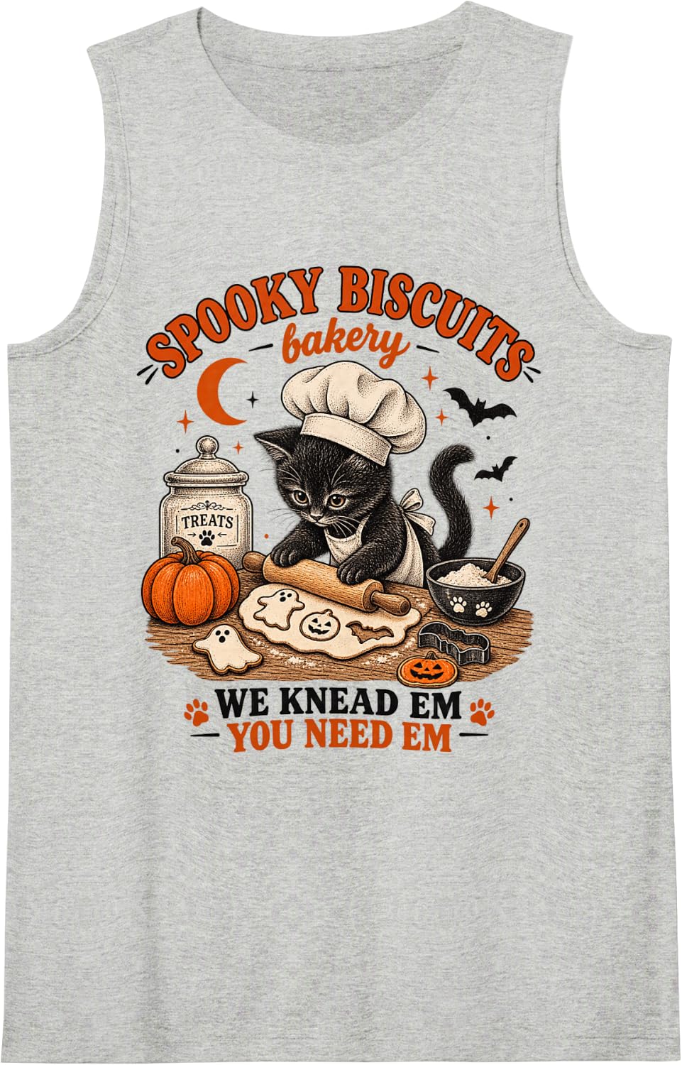 Spooky Biscuits Bakery Black Cat Halloween Baking Fall Sleeveless Tank Top - Heather Grey