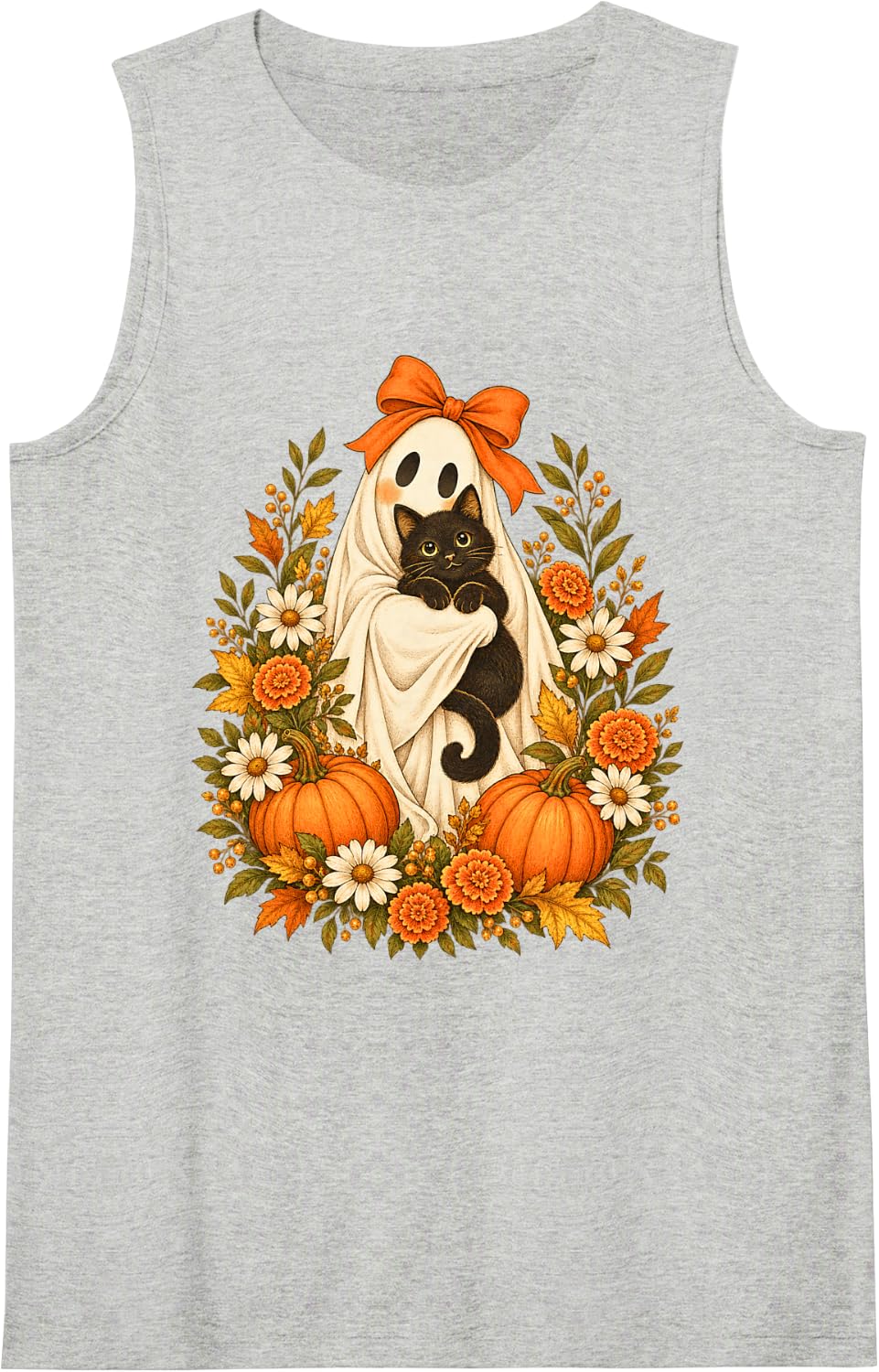 Halloween Ghost Black Cat Orange Bow Autumn for Cat Lovers Sleeveless Tank Top - Heather Grey