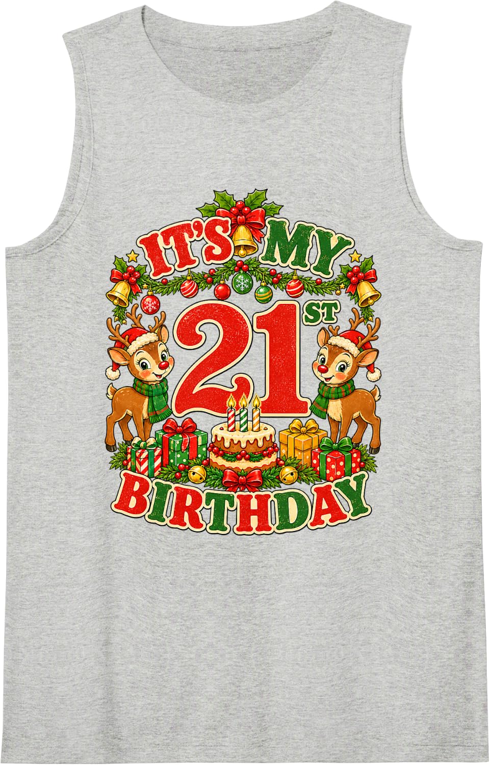 It's My 21st Birthday Christmas Reindeer 21 Years Old Party Sleeveless Tank Top - Heather Grey