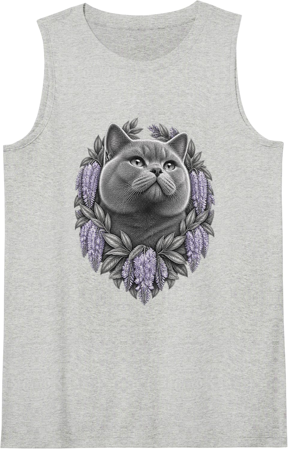 British Shorthair with Lavender Wisteria Flower Clusters Sleeveless Tank Top - Heather Grey