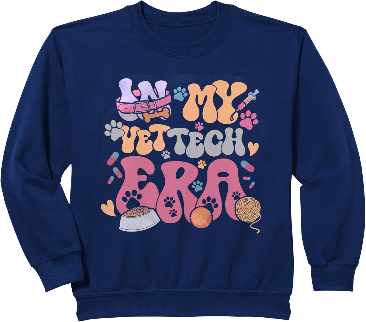 Retro Groovy In My Vet Tech Era Monogrammed Veterinarian Sweatshirt - Navy Blue