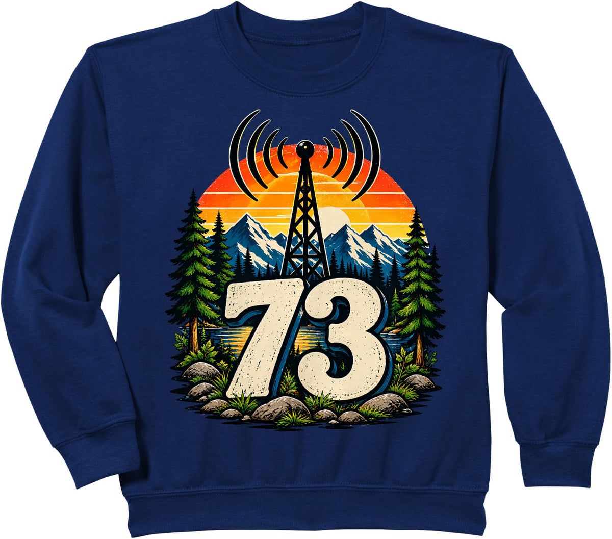 Ham Amateur Radio 73 Operator Retro Mountain Design Vintage Sweatshirt - Navy Blue