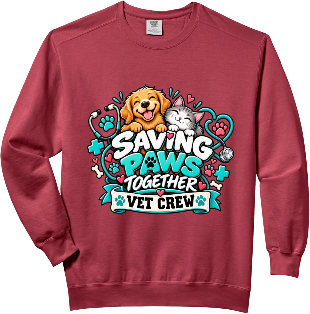 Saving Paws Together Vet Crew Veterinary Team Comfort Colors Adult Sweatshirt - Adult Unisex Crimson