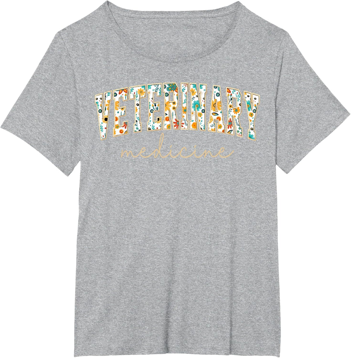 Vintage Floral Veterinary Medicine Text T-Shirt - Heather Grey