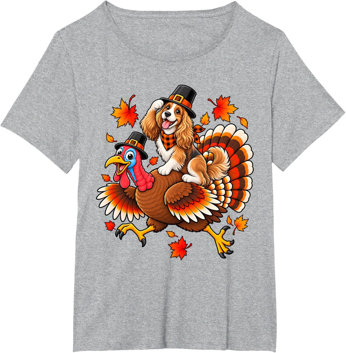 Cute Pilgrim Cocker Spaniel Dog Riding Turkey Thanksgiving T-Shirt - Heather Grey