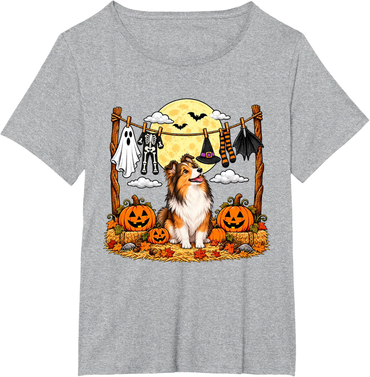 Halloween Shetland Sheepdog Squad Pumpkin Vampire Mummy T-Shirt - Heather Grey