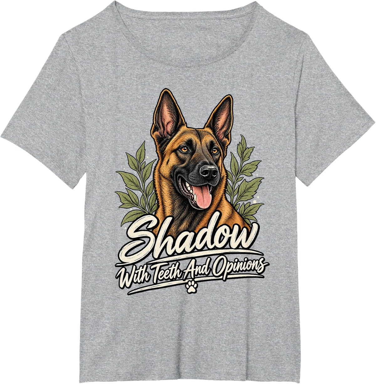 Belgian Malinois Shadow with Teeth and Opinions Funny Dog T-Shirt - Heather Grey
