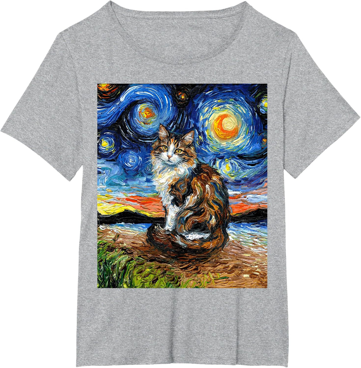 Calico Cat Starry Night Artwork Long Hair Colorful Kitty Art T-Shirt - Heather Grey