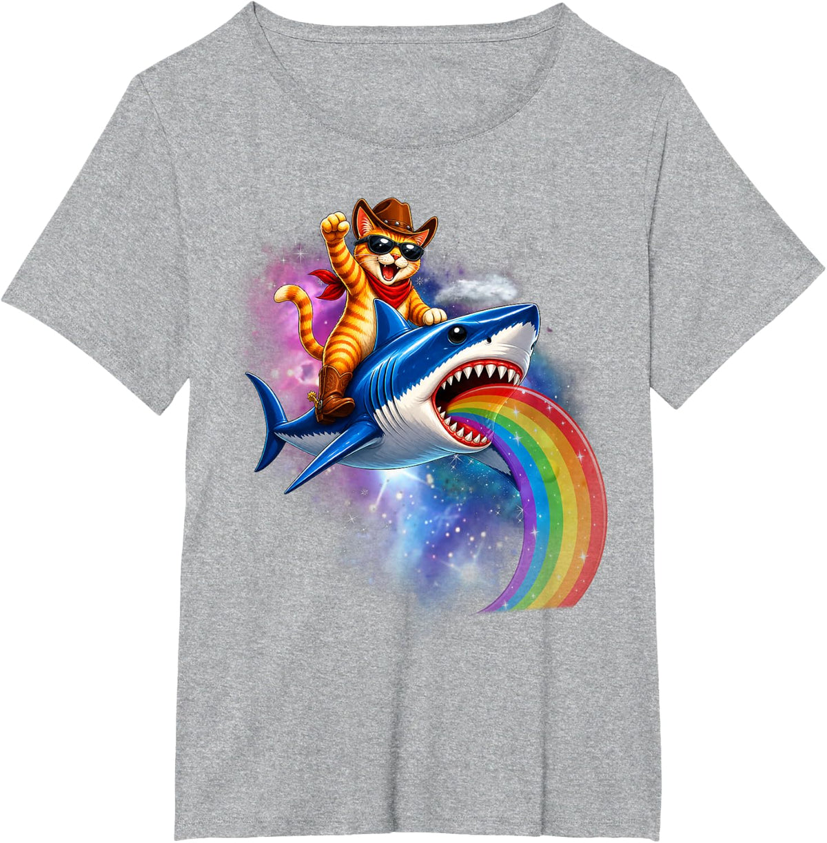 Shark Cat Riding Rainbow Pizza Taco Galaxy Retro T-Shirt - Heather Grey