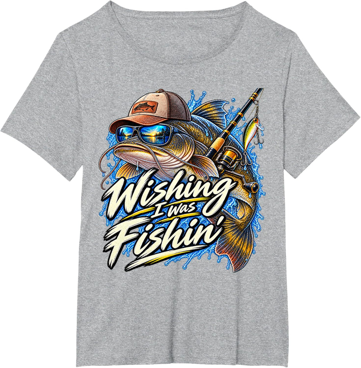 Wishing I was Fishing Catfish Lake Sea Funny Fisherman Fish T-Shirt - Heather Grey