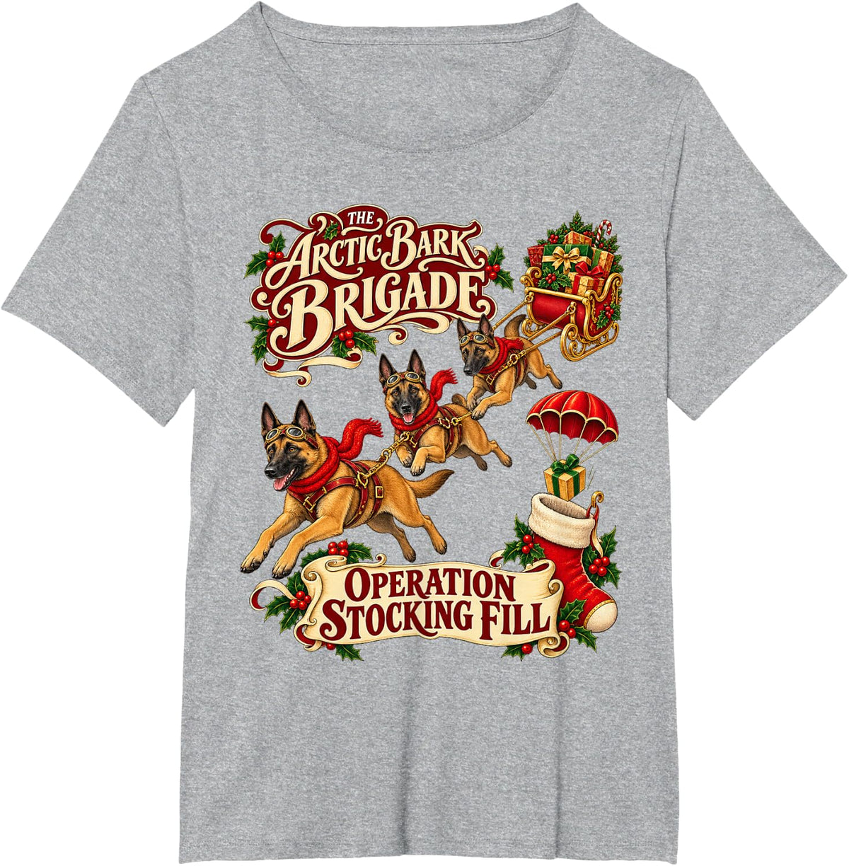 Belgian Malinois Dog Christmas Arctic Sleigh Adventure T-Shirt - Heather Grey