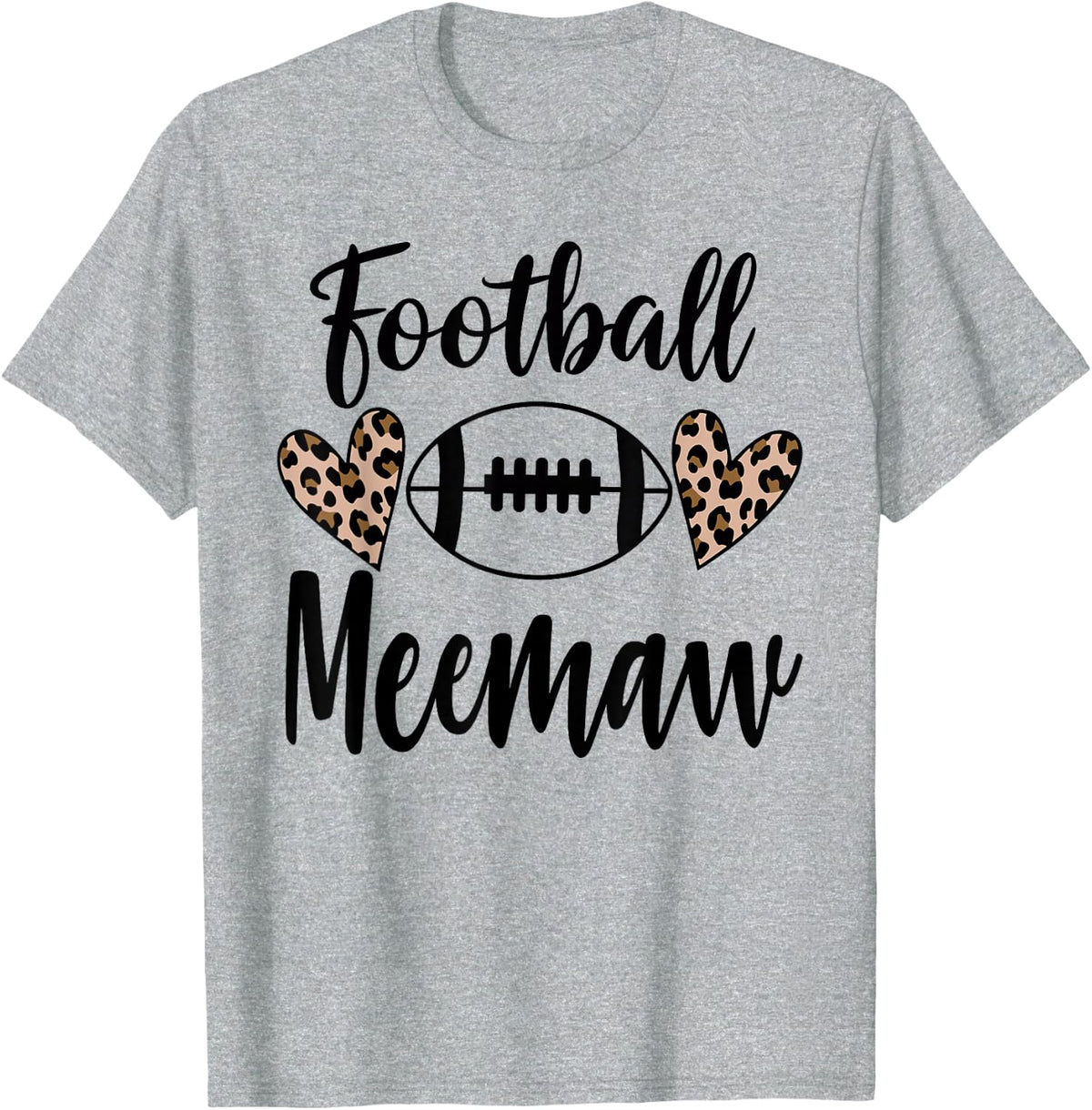 Football Meemaw Leopard Heart Football Funny T-Shirt - Heather Grey
