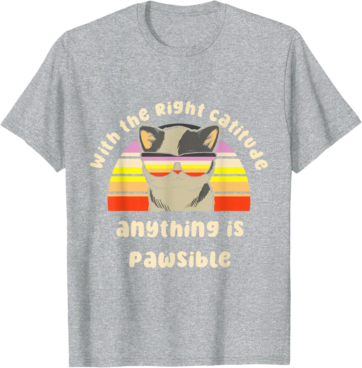 With The Right Cattitude Anything Is Pawsible Funny Cat Pun T-Shirt - Heather Grey