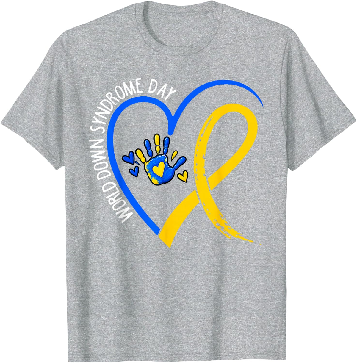 Heart World Down Syndrome Day Awareness Month Blue Yellow T-Shirt - Heather Grey