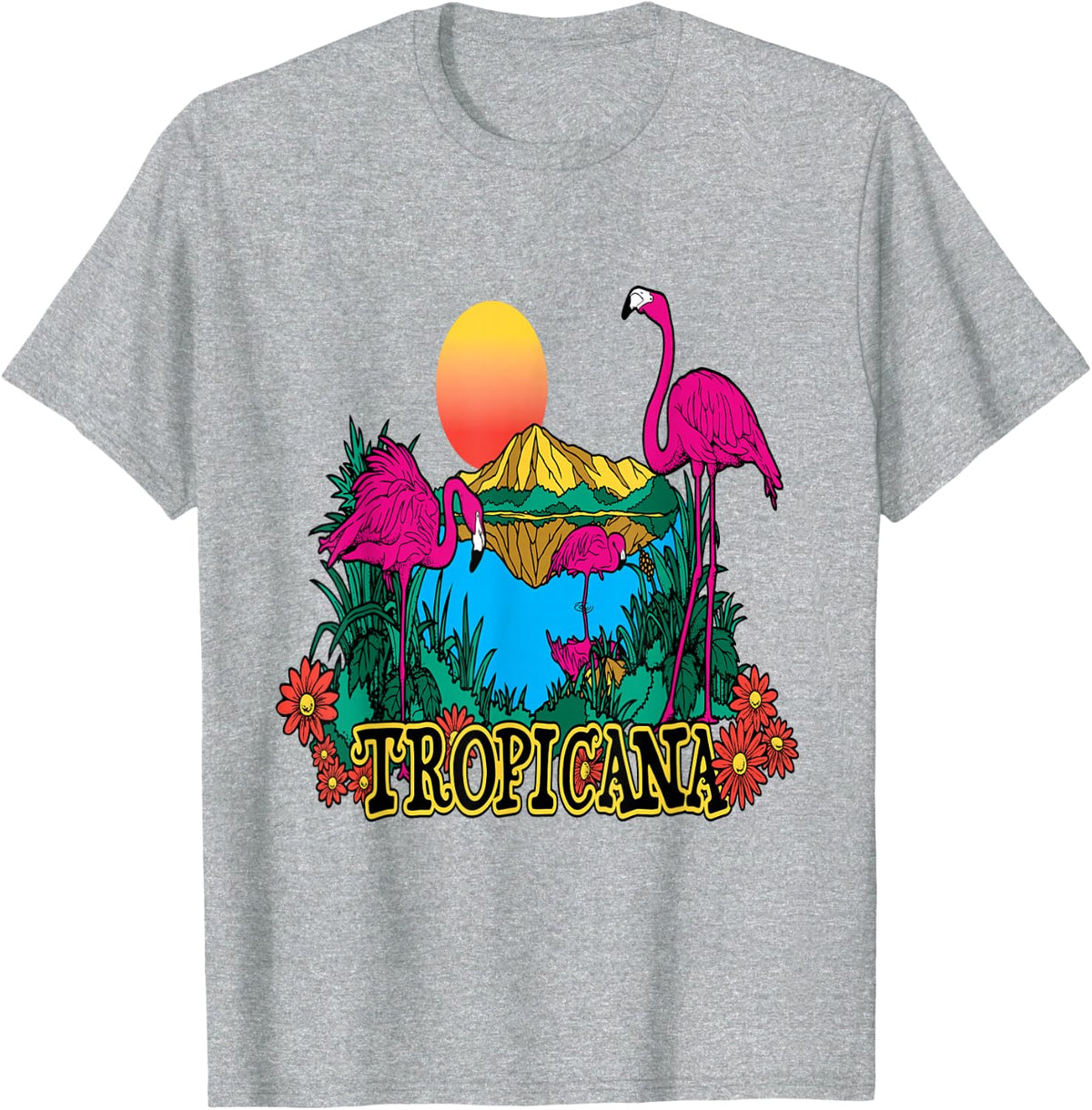 Tropicana Sunset & Flamingos Vacation Getaway T-Shirt - Heather Grey