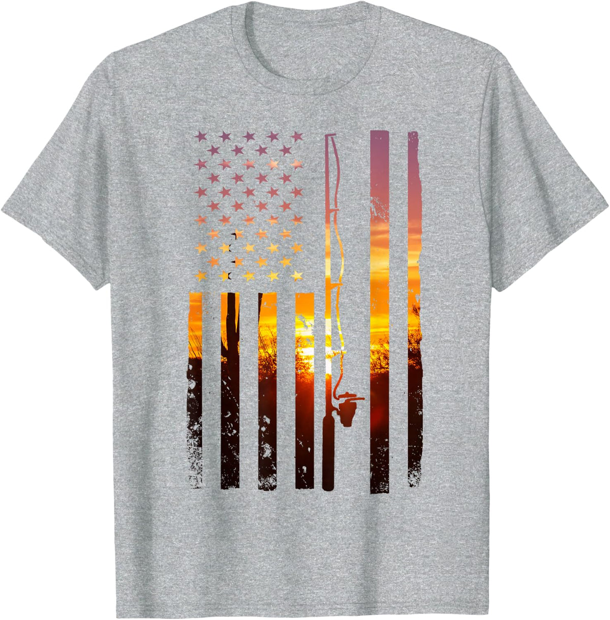 American Flag Fish Fisher Fisherman Funny Bass Fishing USA T-Shirt - Heather Grey