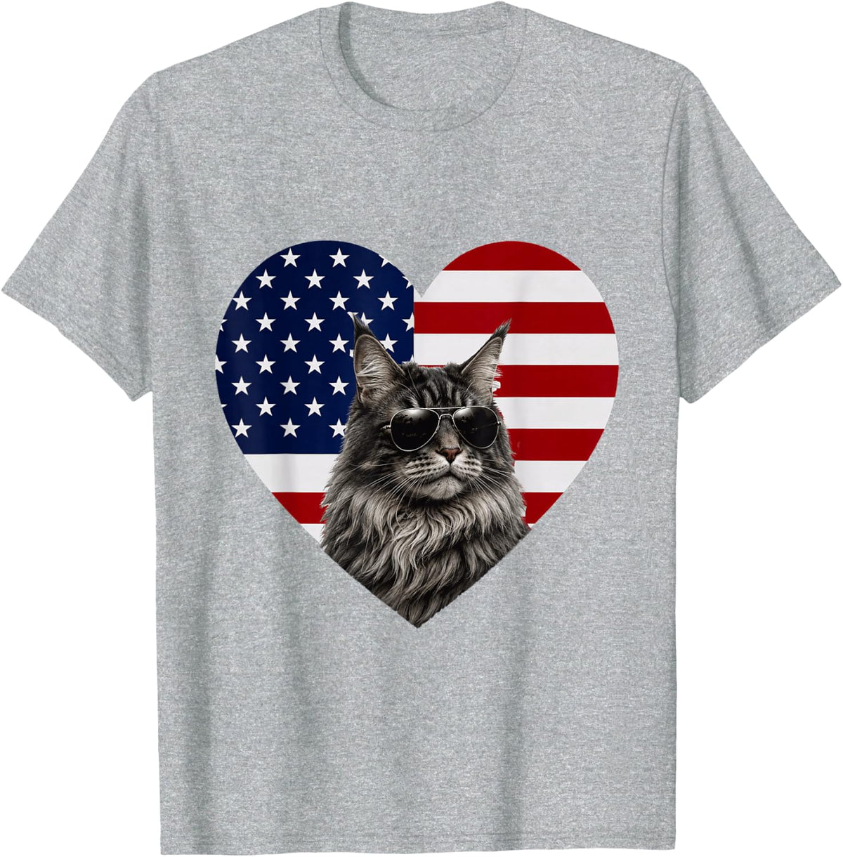 Maine Coon Cat USA Flag Heart Patriotic Maine Coon T-Shirt - Heather Grey