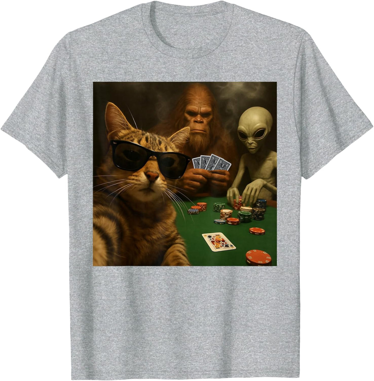 Cat Poker Selfie Bigfoot & Alien Playing Cards Funny T-Shirt - Heather Grey