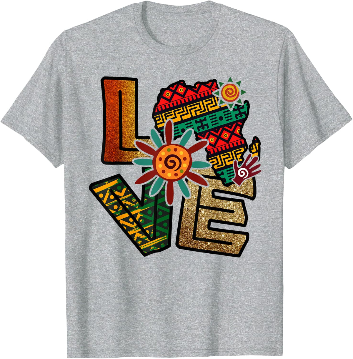 Juneteenth Love Africa Map Kente Cloth Melanin African Art T-Shirt - Heather Grey