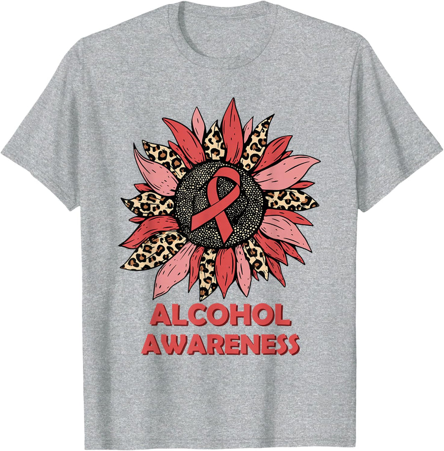 Leopard Sunflower Red Ribbon Alcohol Awareness Gifts T-Shirt - Heather Grey