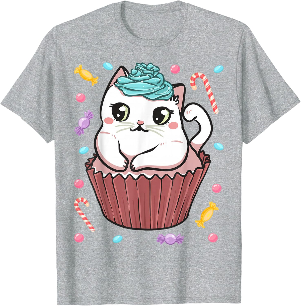 Kawaii Cat Kitty Neko Cute Cupcake Candy Japanese Anime T-Shirt - Heather Grey