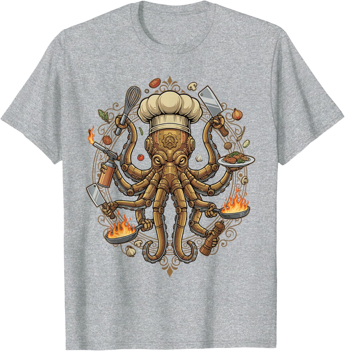 Steampunk Octopus Chef Cook Mechanical Cuisine T-Shirt - Heather Grey