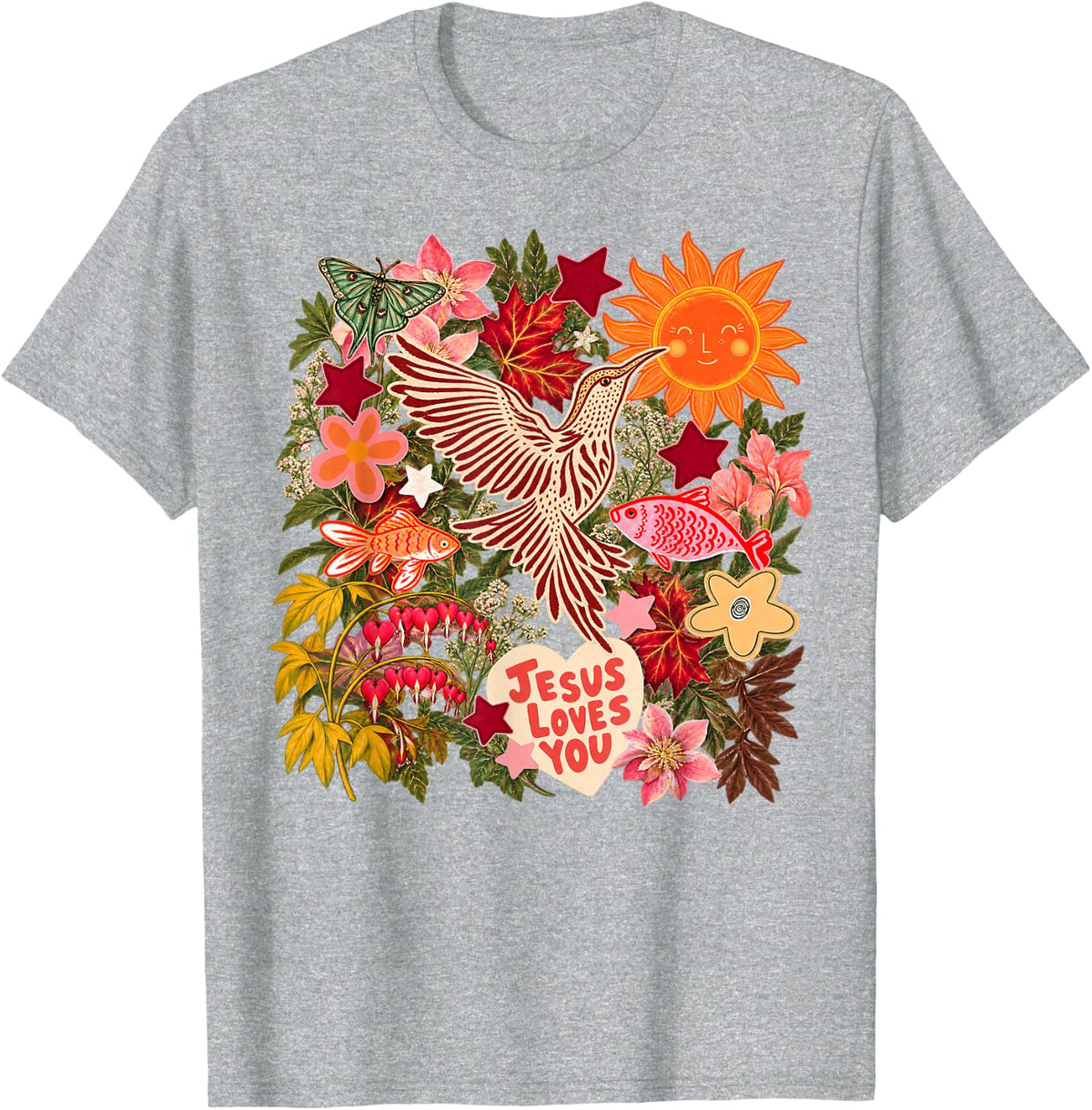 Jesus Loves You Christian Bird Floral Jesus Christian Nature T-Shirt - Heather Grey