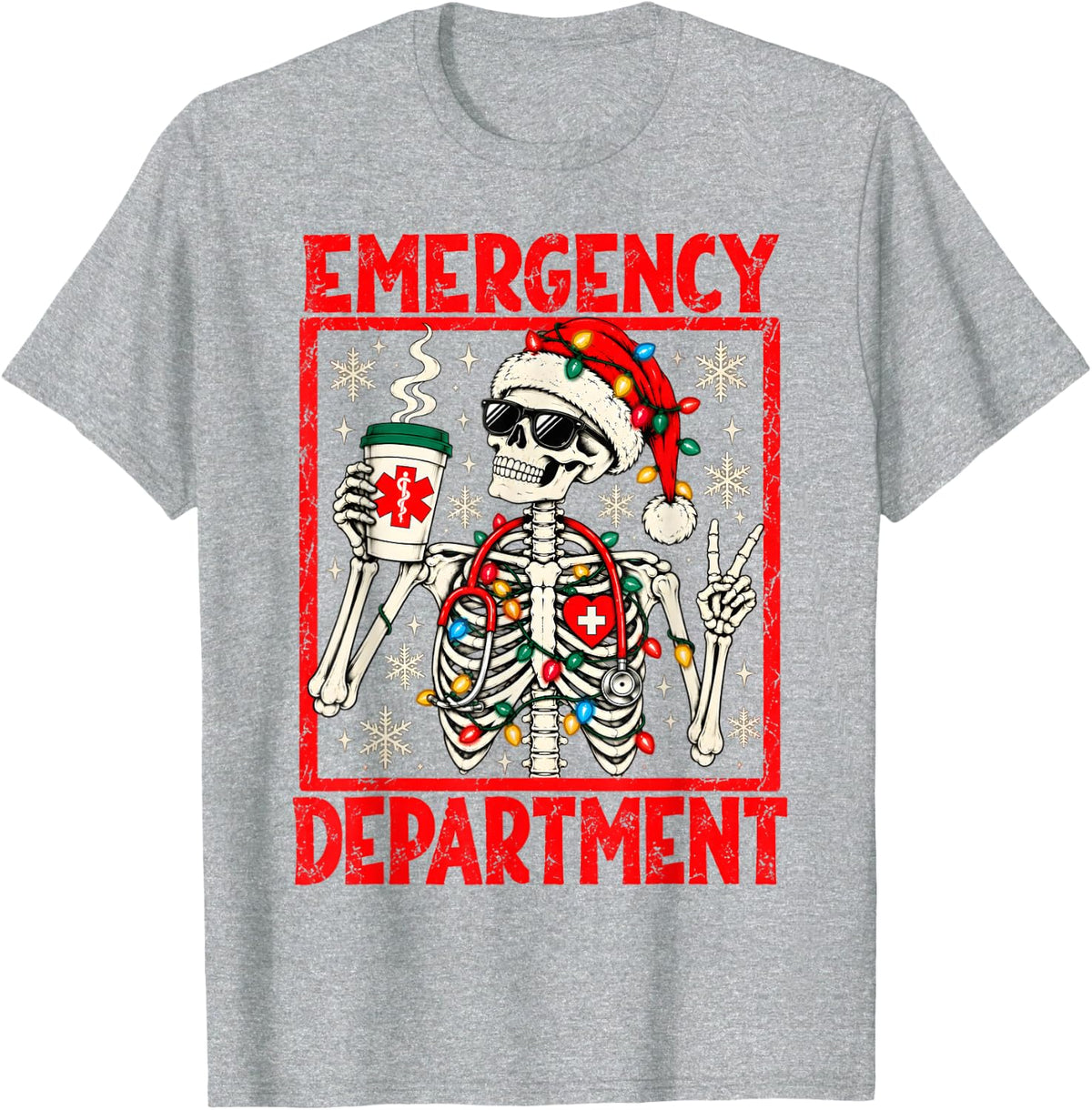 Emergency Department Skeleton Coffee ER Nurse Christmas Xmas T-Shirt - Heather Grey