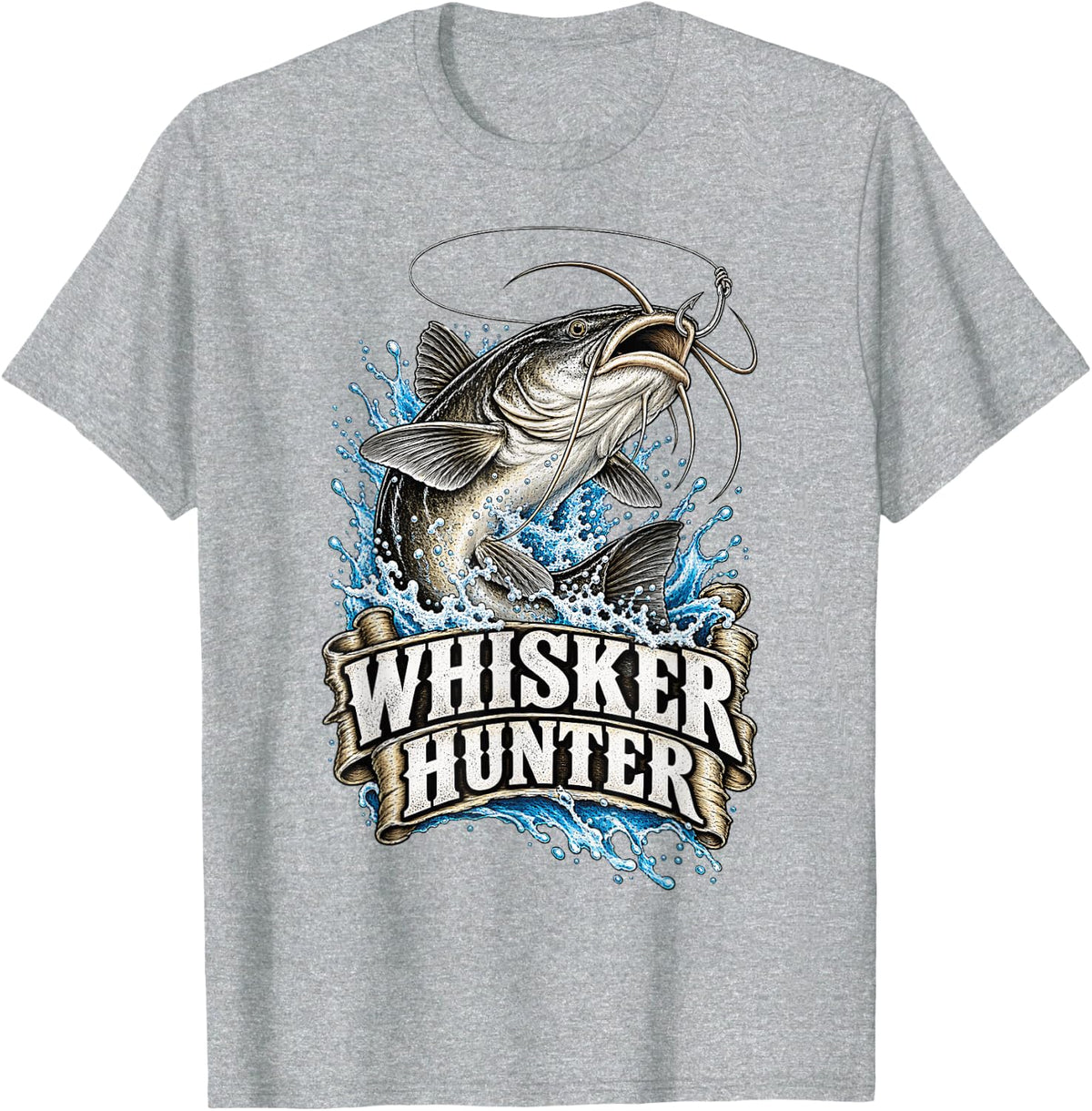 Whisker Hunter Funny Fishing Fisherman T-Shirt - Heather Grey